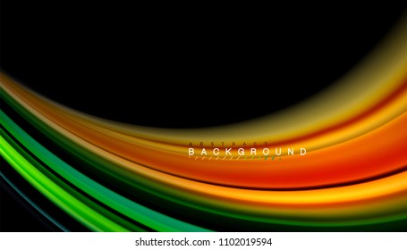 Resumen de líneas de onda fluidos estilo arco iris rayas de color sobre fondo negro. Ilustración artística vectorial para presentación, fondo de pantalla de aplicación, cartel o afiche