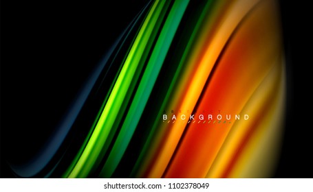 Abstrakte Wellenlinien fließende Regenbogenfarben-Streifen auf schwarzem Hintergrund. Vektorgrafik zur Präsentation, App-Bildschirmhintergrund, Banner oder Poster