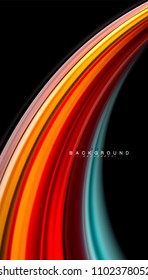 Linhas de onda abstratas listras de cor do estilo arco-íris fluido no fundo preto. Ilustração artística vetorial para apresentação, papel de parede do aplicativo, banner ou cartaz