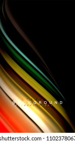 Resumen de líneas de onda fluidos estilo arco iris rayas de color sobre fondo negro. Ilustración artística vectorial para presentación, fondo de pantalla de aplicación, cartel o afiche
