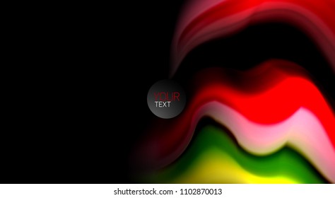 Resumen de líneas de onda fluidos estilo arco iris rayas de color sobre fondo negro. Ilustración artística vectorial para presentación, fondo de pantalla de aplicación, cartel o afiche