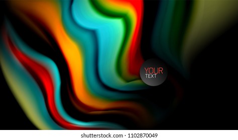 Resumen de líneas de onda fluidos estilo arco iris rayas de color sobre fondo negro. Ilustración artística vectorial para presentación, fondo de pantalla de aplicación, cartel o afiche