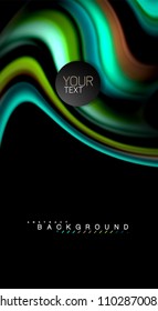 Resumen de líneas de onda fluidos estilo arco iris rayas de color sobre fondo negro. Ilustración artística vectorial para presentación, fondo de pantalla de aplicación, cartel o afiche