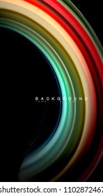 Abstrakte Wellenlinien fließende Regenbogenfarben-Streifen auf schwarzem Hintergrund. Vektorgrafik zur Präsentation, App-Bildschirmhintergrund, Banner oder Poster