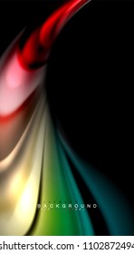 Resumen de líneas de onda fluidos estilo arco iris rayas de color sobre fondo negro. Ilustración artística vectorial para presentación, fondo de pantalla de aplicación, cartel o afiche