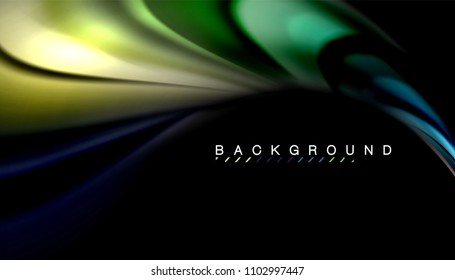 Abstrakte Wellenlinien fließende Regenbogenfarben-Streifen auf schwarzem Hintergrund. Vektorgrafik zur Präsentation, App-Bildschirmhintergrund, Banner oder Poster