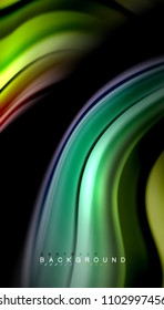Resumen de líneas de onda fluidos estilo arco iris rayas de color sobre fondo negro. Ilustración artística vectorial para presentación, fondo de pantalla de aplicación, cartel o afiche