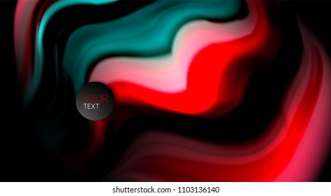 Resumen de líneas de onda fluidos estilo arco iris rayas de color sobre fondo negro. Ilustración artística vectorial para presentación, fondo de pantalla de aplicación, cartel o afiche