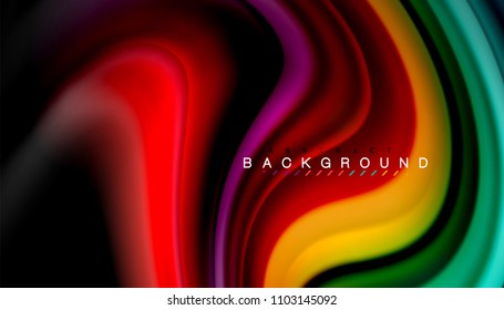 Resumen de líneas de onda fluidos estilo arco iris rayas de color sobre fondo negro. Ilustración artística vectorial para presentación, fondo de pantalla de aplicación, cartel o afiche