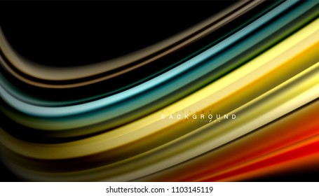 Resumen de líneas de onda fluidos estilo arco iris rayas de color sobre fondo negro. Ilustración artística vectorial para presentación, fondo de pantalla de aplicación, cartel o afiche