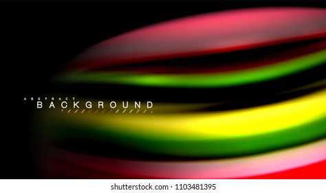 Resumen de líneas de onda fluidos estilo arco iris rayas de color sobre fondo negro. Ilustración artística vectorial para presentación, fondo de pantalla de aplicación, cartel o afiche