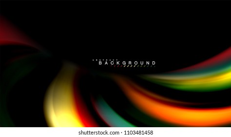 Resumen de líneas de onda fluidos estilo arco iris rayas de color sobre fondo negro. Ilustración artística vectorial para presentación, fondo de pantalla de aplicación, cartel o afiche