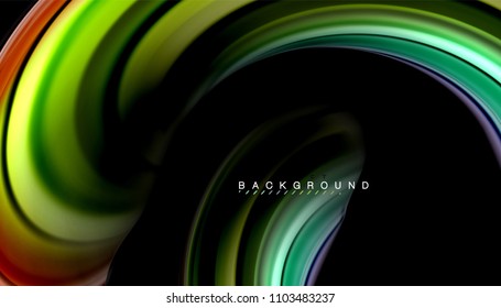 Resumen de líneas de onda fluidos estilo arco iris rayas de color sobre fondo negro. Ilustración artística vectorial para presentación, fondo de pantalla de aplicación, cartel o afiche