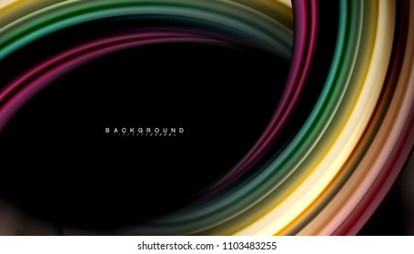 Resumen de líneas de onda fluidos estilo arco iris rayas de color sobre fondo negro. Ilustración artística vectorial para presentación, fondo de pantalla de aplicación, cartel o afiche
