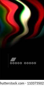 Resumen de líneas de onda fluidos estilo arco iris rayas de color sobre fondo negro. Ilustración artística vectorial para presentación, fondo de pantalla de aplicación, cartel o afiche