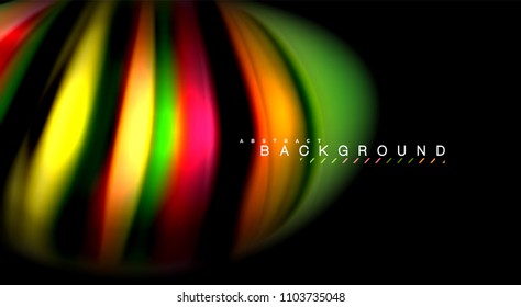 Resumen de líneas de onda fluidos estilo arco iris rayas de color sobre fondo negro. Ilustración artística vectorial para presentación, fondo de pantalla de aplicación, cartel o afiche