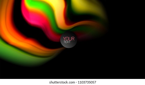Resumen de líneas de onda fluidos estilo arco iris rayas de color sobre fondo negro. Ilustración artística vectorial para presentación, fondo de pantalla de aplicación, cartel o afiche
