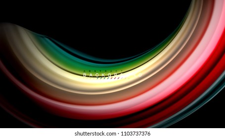 Resumen de líneas de onda fluidos estilo arco iris rayas de color sobre fondo negro. Ilustración artística vectorial para presentación, fondo de pantalla de aplicación, cartel o afiche
