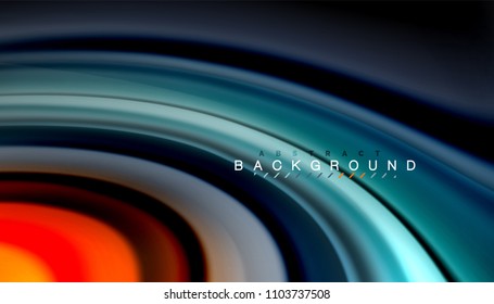 Resumen de líneas de onda fluidos estilo arco iris rayas de color sobre fondo negro. Ilustración artística vectorial para presentación, fondo de pantalla de aplicación, cartel o afiche