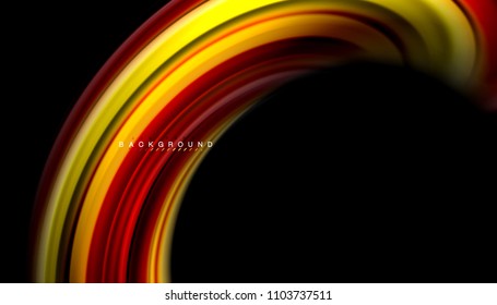 Resumen de líneas de onda fluidos estilo arco iris rayas de color sobre fondo negro. Ilustración artística vectorial para presentación, fondo de pantalla de aplicación, cartel o afiche