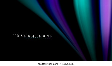 Resumen de líneas de onda fluidos estilo arco iris rayas de color sobre fondo negro. Ilustración artística vectorial para presentación, fondo de pantalla de aplicación, cartel o afiche