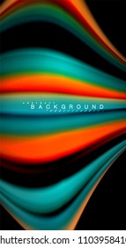 Resumen de líneas de onda fluidos estilo arco iris rayas de color sobre fondo negro. Ilustración artística vectorial para presentación, fondo de pantalla de aplicación, cartel o afiche