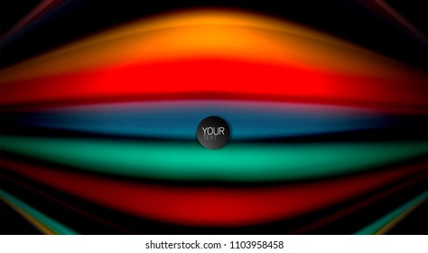 Resumen de líneas de onda fluidos estilo arco iris rayas de color sobre fondo negro. Ilustración artística vectorial para presentación, fondo de pantalla de aplicación, cartel o afiche