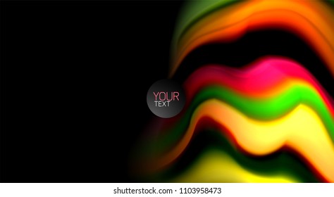 Resumen de líneas de onda fluidos estilo arco iris rayas de color sobre fondo negro. Ilustración artística vectorial para presentación, fondo de pantalla de aplicación, cartel o afiche