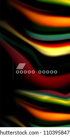 Resumen de líneas de onda fluidos estilo arco iris rayas de color sobre fondo negro. Ilustración artística vectorial para presentación, fondo de pantalla de aplicación, cartel o afiche