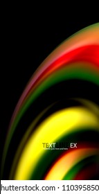 Abstrakte Wellenlinien fließende Regenbogenfarben-Streifen auf schwarzem Hintergrund. Vektorgrafik zur Präsentation, App-Bildschirmhintergrund, Banner oder Poster