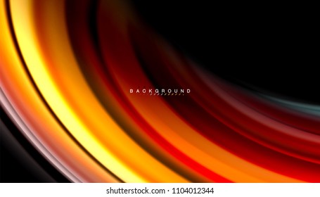 Resumen de líneas de onda fluidos estilo arco iris rayas de color sobre fondo negro. Ilustración artística vectorial para presentación, fondo de pantalla de aplicación, cartel o afiche
