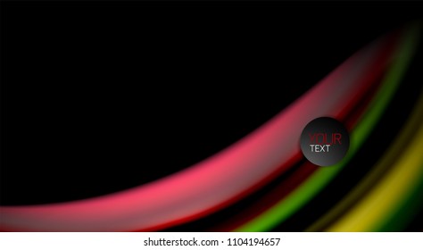 Resumen de líneas de onda fluidos estilo arco iris rayas de color sobre fondo negro. Ilustración artística vectorial para presentación, fondo de pantalla de aplicación, cartel o afiche