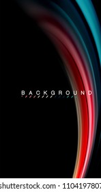 Resumen de líneas de onda fluidos estilo arco iris rayas de color sobre fondo negro. Ilustración artística vectorial para presentación, fondo de pantalla de aplicación, cartel o afiche