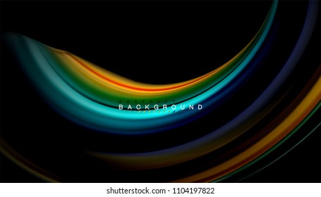 Resumen de líneas de onda fluidos estilo arco iris rayas de color sobre fondo negro. Ilustración artística vectorial para presentación, fondo de pantalla de aplicación, cartel o afiche
