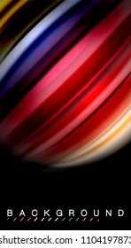 Resumen de líneas de onda fluidos estilo arco iris rayas de color sobre fondo negro. Ilustración artística vectorial para presentación, fondo de pantalla de aplicación, cartel o afiche