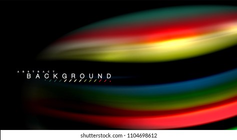 Resumen de líneas de onda fluidos estilo arco iris rayas de color sobre fondo negro. Ilustración artística vectorial para presentación, fondo de pantalla de aplicación, cartel o afiche