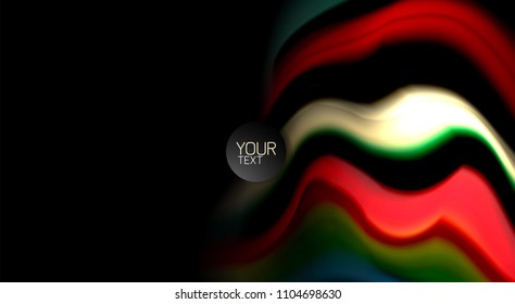 Resumen de líneas de onda fluidos estilo arco iris rayas de color sobre fondo negro. Ilustración artística vectorial para presentación, fondo de pantalla de aplicación, cartel o afiche