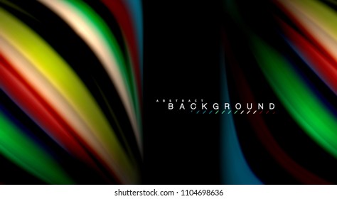 Abstrakte Wellenlinien fließende Regenbogenfarben-Streifen auf schwarzem Hintergrund. Vektorgrafik zur Präsentation, App-Bildschirmhintergrund, Banner oder Poster
