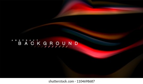 Abstrakte Wellenlinien fließende Regenbogenfarben-Streifen auf schwarzem Hintergrund. Vektorgrafik zur Präsentation, App-Bildschirmhintergrund, Banner oder Poster