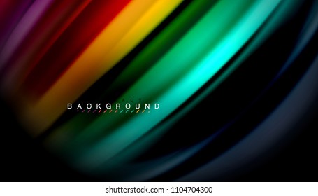 Resumen de líneas de onda fluidos estilo arco iris rayas de color sobre fondo negro. Ilustración artística vectorial para presentación, fondo de pantalla de aplicación, cartel o afiche