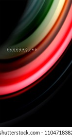 Resumen de líneas de onda fluidos estilo arco iris rayas de color sobre fondo negro. Ilustración artística vectorial para presentación, fondo de pantalla de aplicación, cartel o afiche