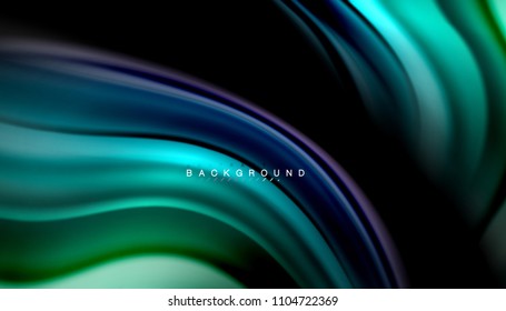 Resumen de líneas de onda fluidos estilo arco iris rayas de color sobre fondo negro. Ilustración artística vectorial para presentación, fondo de pantalla de aplicación, cartel o afiche