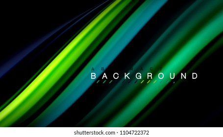 Resumen de líneas de onda fluidos estilo arco iris rayas de color sobre fondo negro. Ilustración artística vectorial para presentación, fondo de pantalla de aplicación, cartel o afiche