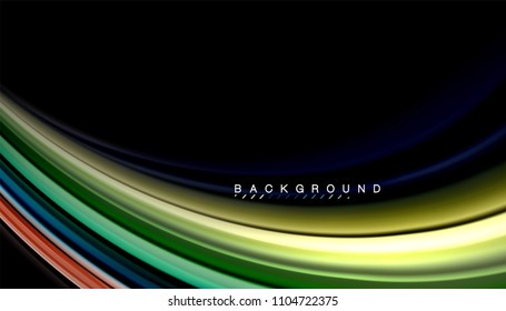 Abstrakte Wellenlinien fließende Regenbogenfarben-Streifen auf schwarzem Hintergrund. Vektorgrafik zur Präsentation, App-Bildschirmhintergrund, Banner oder Poster