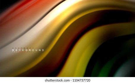 Resumen de líneas de onda fluidos estilo arco iris rayas de color sobre fondo negro. Ilustración artística vectorial para presentación, fondo de pantalla de aplicación, cartel o afiche