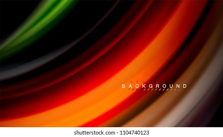 Abstrakte Wellenlinien fließende Regenbogenfarben-Streifen auf schwarzem Hintergrund. Vektorgrafik zur Präsentation, App-Bildschirmhintergrund, Banner oder Poster
