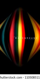Resumen de líneas de onda fluidos estilo arco iris rayas de color sobre fondo negro. Ilustración artística vectorial para presentación, fondo de pantalla de aplicación, cartel o afiche