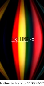 Resumen de líneas de onda fluidos estilo arco iris rayas de color sobre fondo negro. Ilustración artística vectorial para presentación, fondo de pantalla de aplicación, cartel o afiche