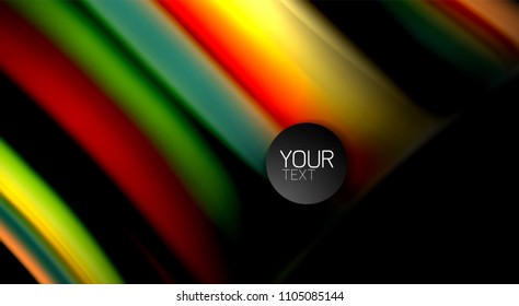 Abstrakte Wellenlinien fließende Regenbogenfarben-Streifen auf schwarzem Hintergrund. Vektorgrafik zur Präsentation, App-Bildschirmhintergrund, Banner oder Poster