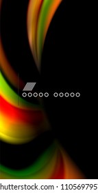 Resumen de líneas de onda fluidos estilo arco iris rayas de color sobre fondo negro. Ilustración artística vectorial para presentación, fondo de pantalla de aplicación, cartel o afiche